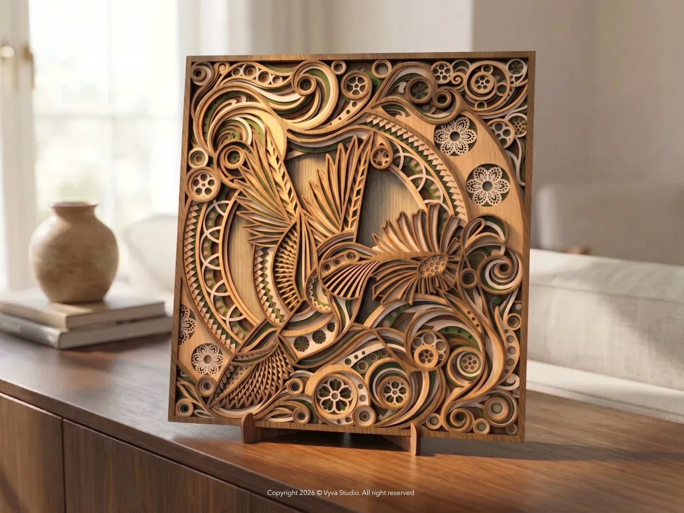 3D Layered Hummingbird Wall Art | Laser Cut SVG Mandala Floral File