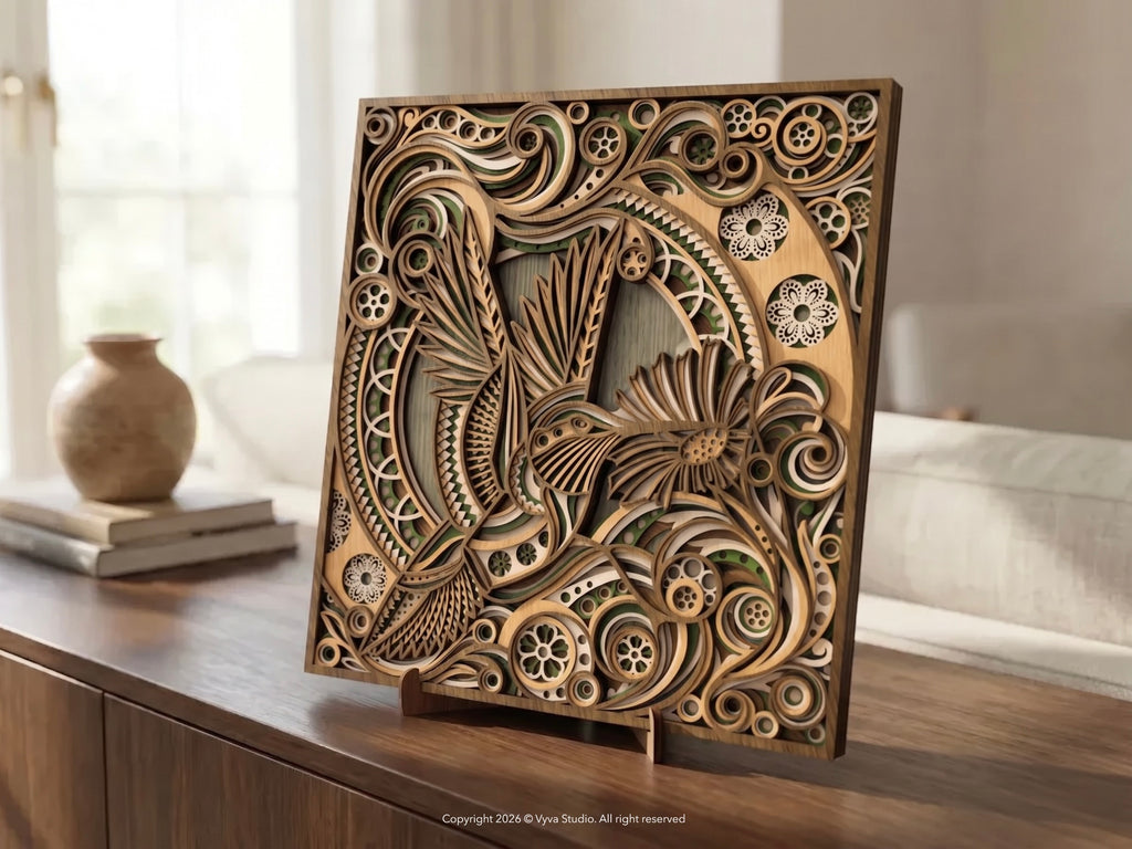 3D Layered Hummingbird Wall Art | Laser Cut SVG Mandala Floral File