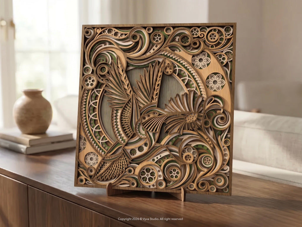 3D Layered Hummingbird Wall Art | Laser Cut SVG Mandala Floral File