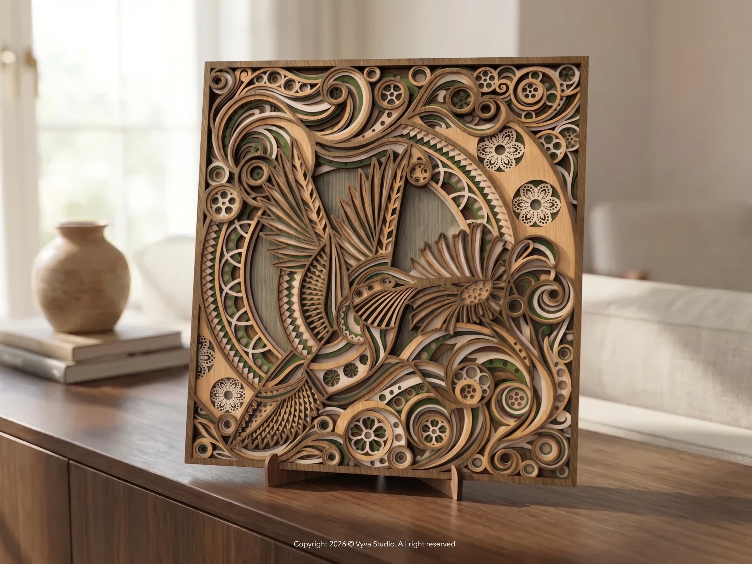 3D Layered Hummingbird Wall Art | Laser Cut SVG Mandala Floral File