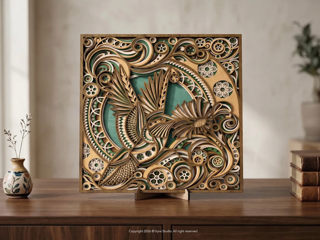 3D Layered Hummingbird Wall Art | Laser Cut SVG Mandala Floral File