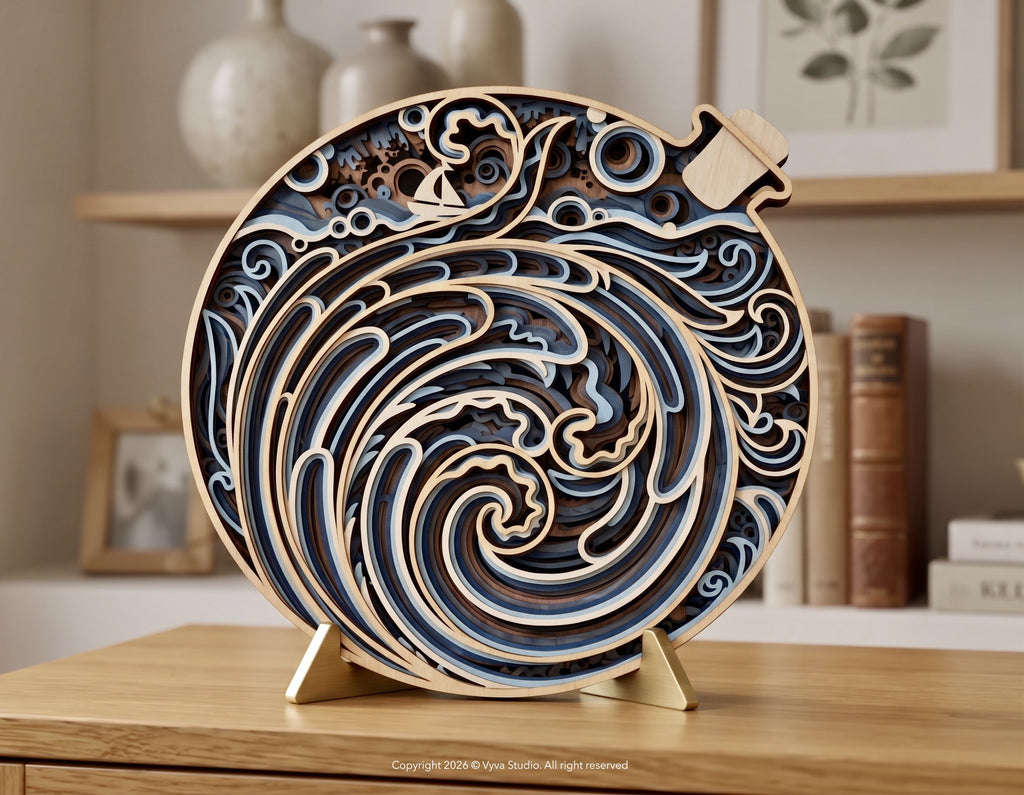 3D Ocean Wave Mandala SVG | Layered Coastal Wall Art | Nautical Ocean Decor