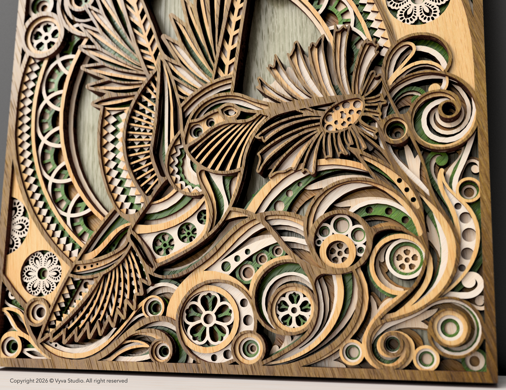 3D Layered Hummingbird Wall Art | Laser Cut SVG Mandala Floral File