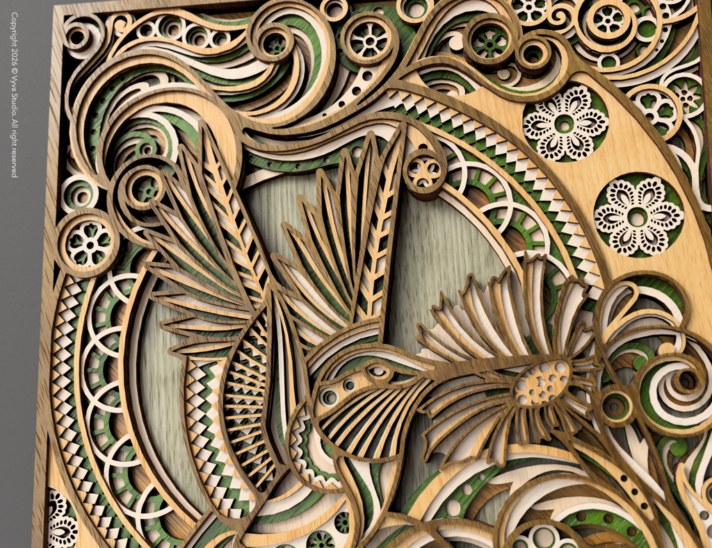 3D Layered Hummingbird Wall Art | Laser Cut SVG Mandala Floral File