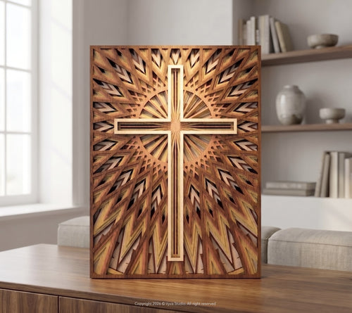 3D Cross Wall Art Laser Cut File – Radiant Faith | Christian Layered Mandala Design