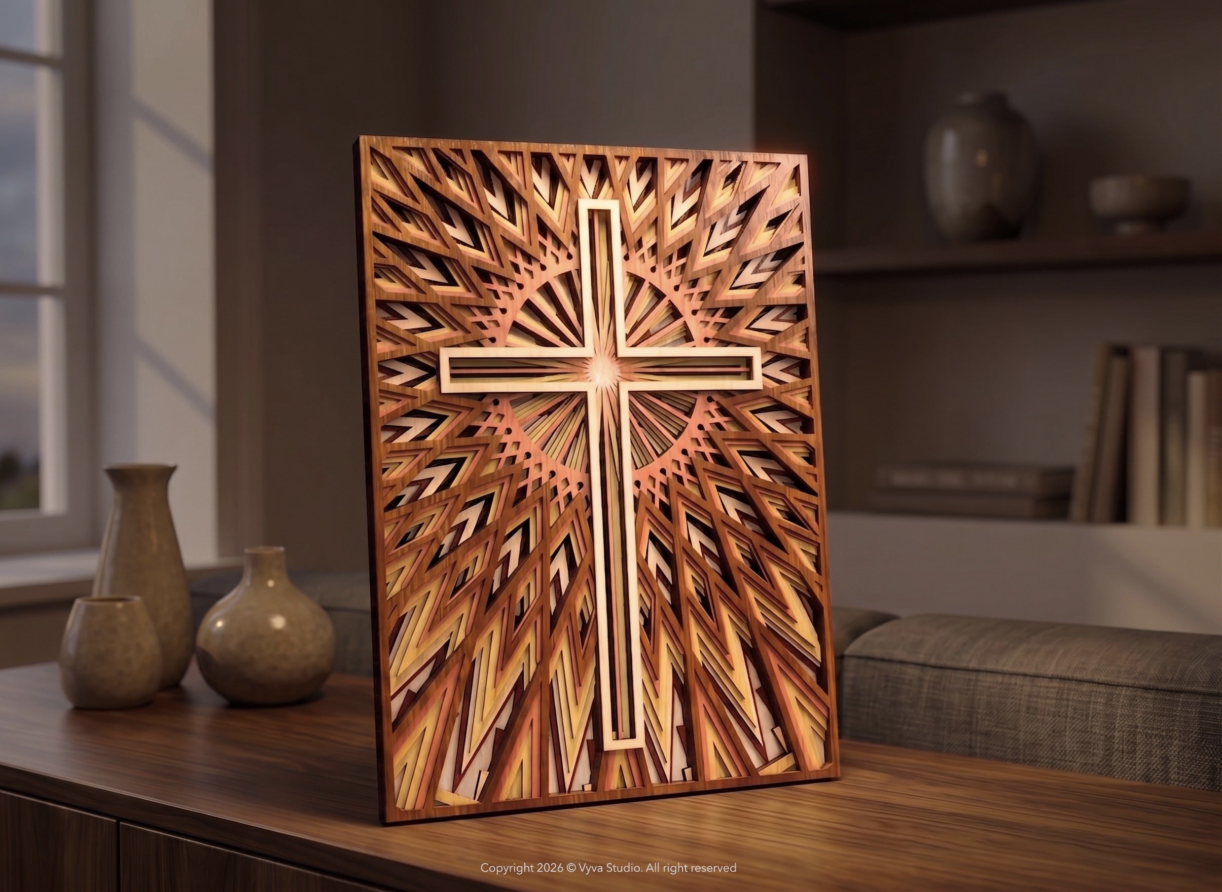 3D Cross Wall Art Laser Cut File – Radiant Faith | Christian Layered Mandala Design