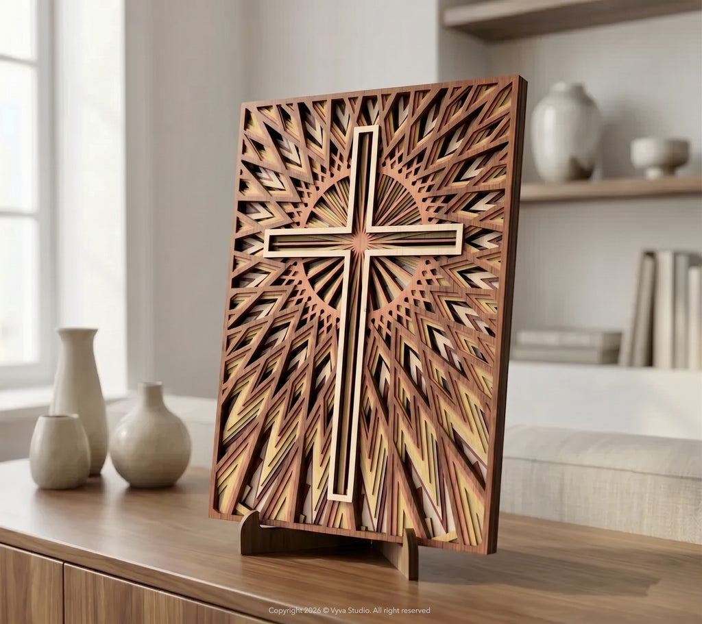 3D Cross Wall Art Laser Cut File – Radiant Faith | Christian Layered Mandala Design