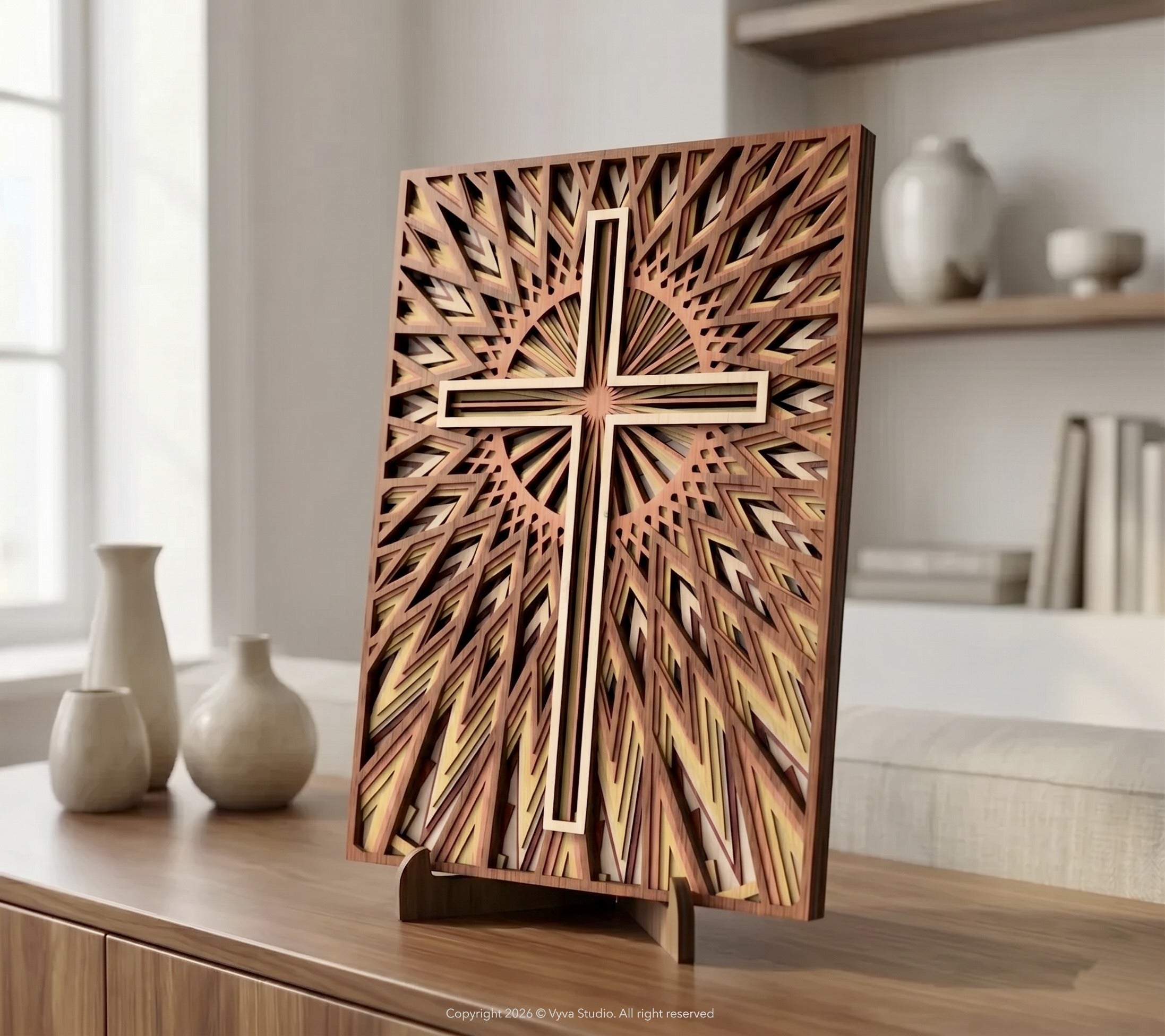3D Cross Wall Art Laser Cut File – Radiant Faith | Christian Layered Mandala Design