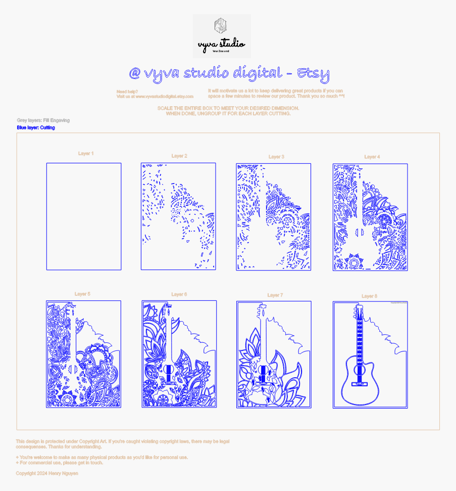 The Guitar - Laser Cutting File for creating multilayered mandala wall art suitable for laser cut, available in SVG, AI, DXF, Lightburns.