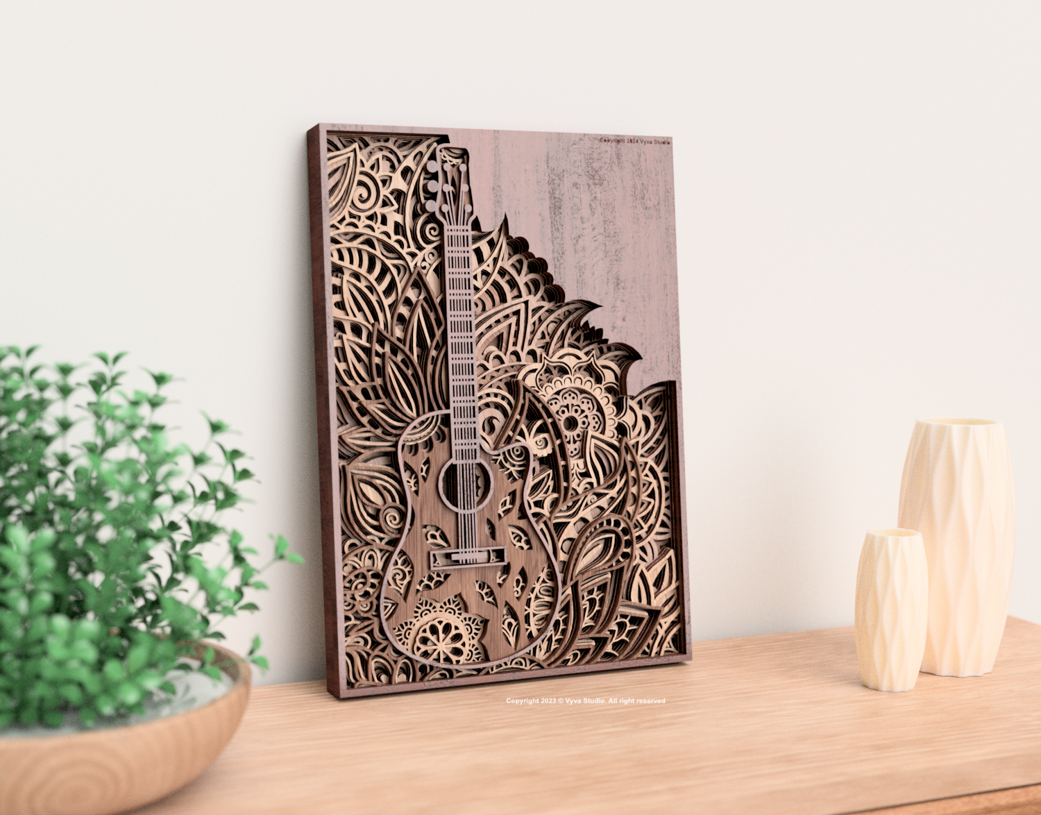 The Guitar - Laser Cutting File for creating multilayered mandala wall art suitable for laser cut, available in SVG, AI, DXF, Lightburns.