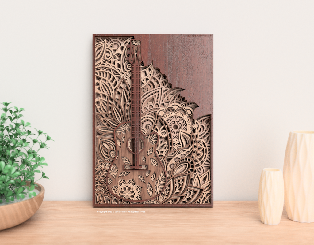 The Guitar - Laser Cutting File for creating multilayered mandala wall art suitable for laser cut, available in SVG, AI, DXF, Lightburns.