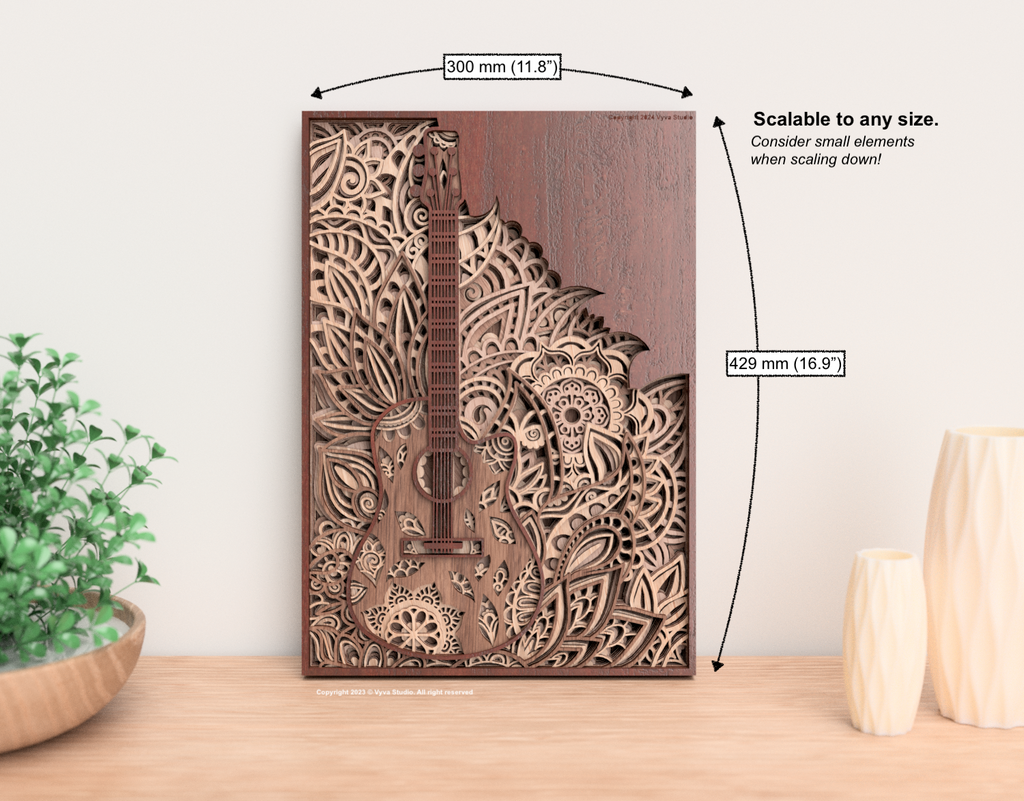 The Guitar - Laser Cutting File for creating multilayered mandala wall art suitable for laser cut, available in SVG, AI, DXF, Lightburns.