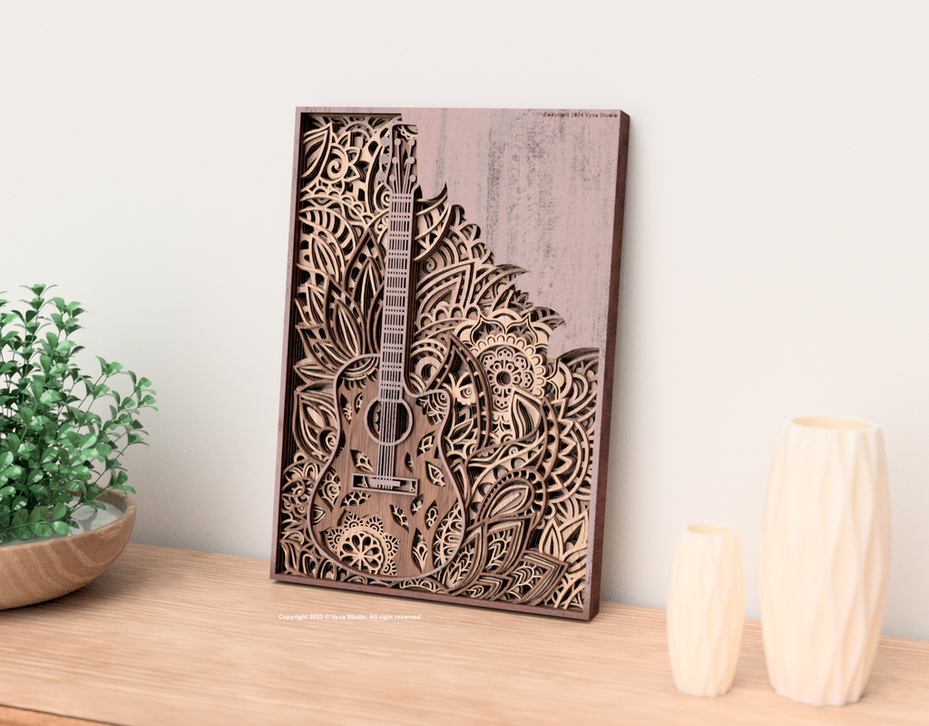 The Guitar - Laser Cutting File for creating multilayered mandala wall art suitable for laser cut, available in SVG, AI, DXF, Lightburns.