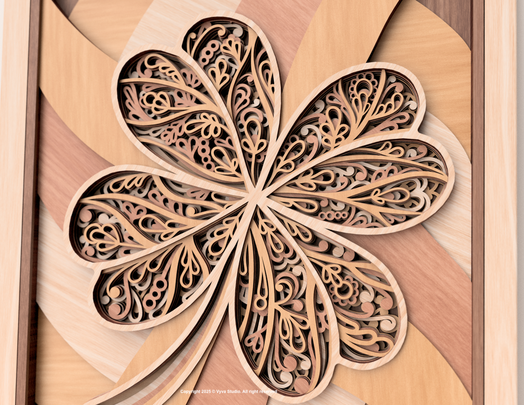 3D Mandala Laser Cut Files, Four-Leaf Clover Wall Art SVG, Layered Mandala - A0055