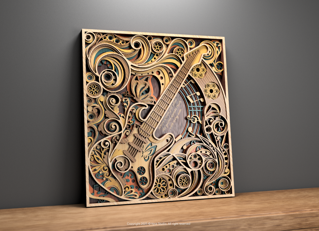 Flowing Muse – 3D Guitar Wall Art Laser Cut SVG, Musical Mandala Design, Intricate Layered File for Lasers & CNC Machines