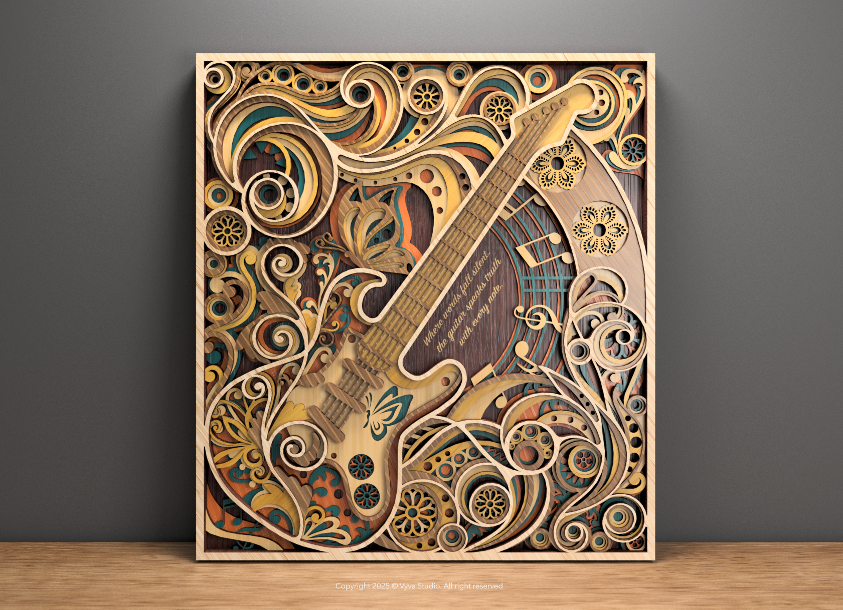 Flowing Muse – 3D Guitar Wall Art Laser Cut SVG, Musical Mandala Design, Intricate Layered File for Lasers & CNC Machines