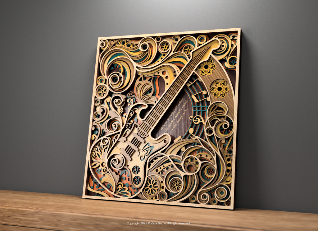 Flowing Muse – 3D Guitar Wall Art Laser Cut SVG, Musical Mandala Design, Intricate Layered File for Lasers & CNC Machines