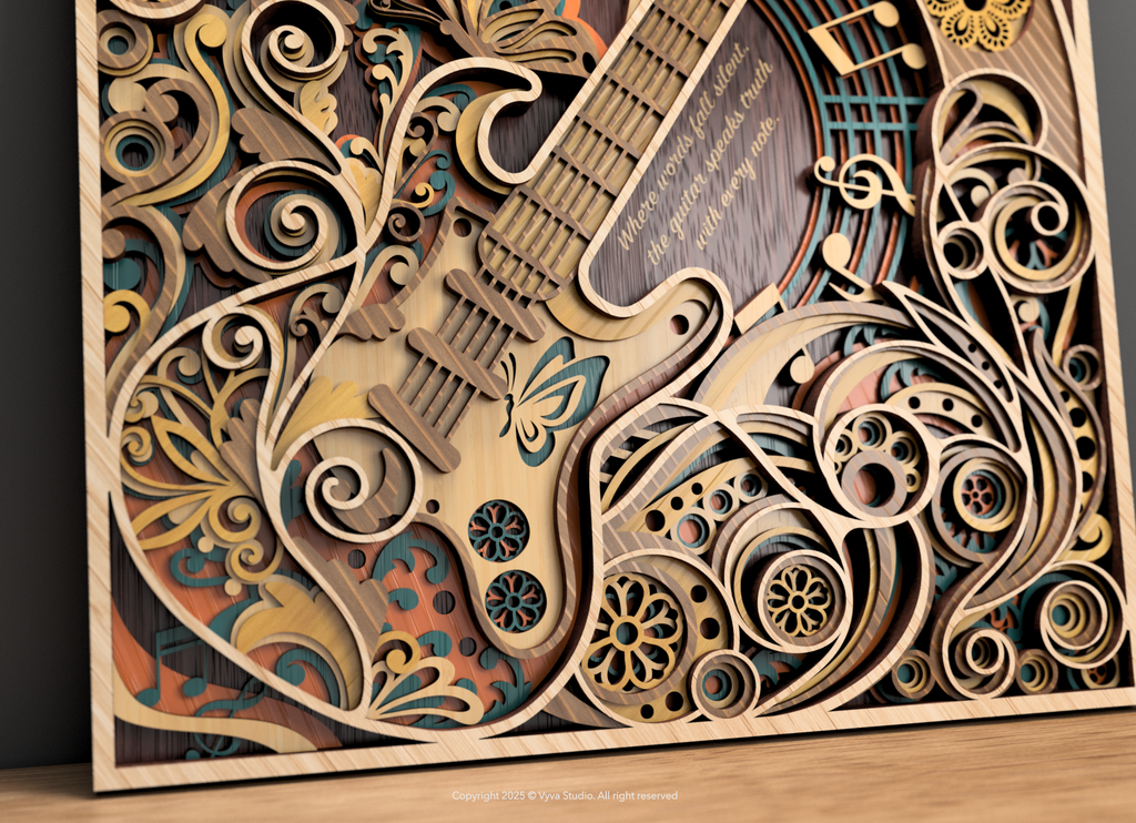 Flowing Muse – 3D Guitar Wall Art Laser Cut SVG, Musical Mandala Design, Intricate Layered File for Lasers & CNC Machines
