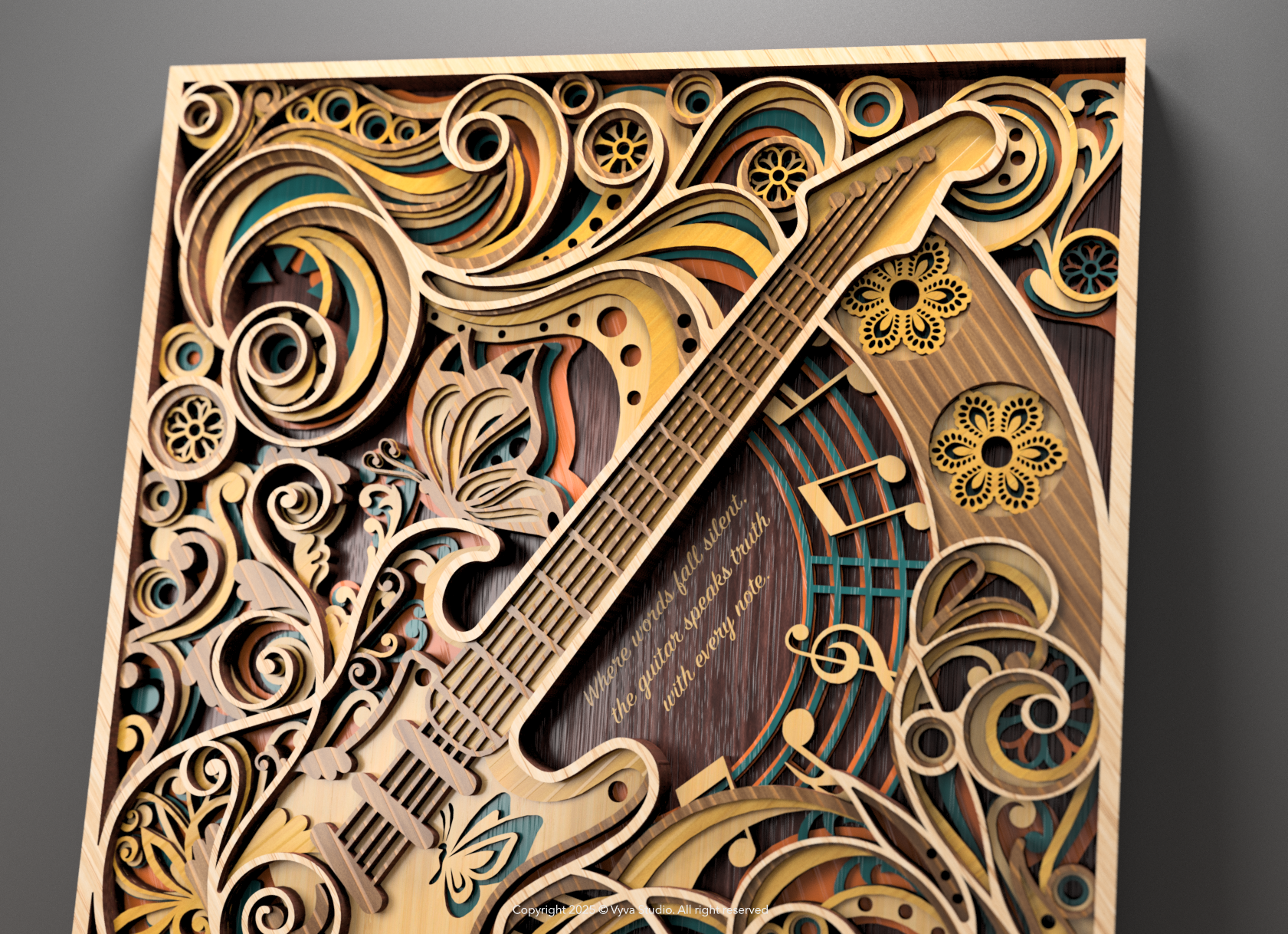 Flowing Muse – 3D Guitar Wall Art Laser Cut SVG, Musical Mandala Design, Intricate Layered File for Lasers & CNC Machines