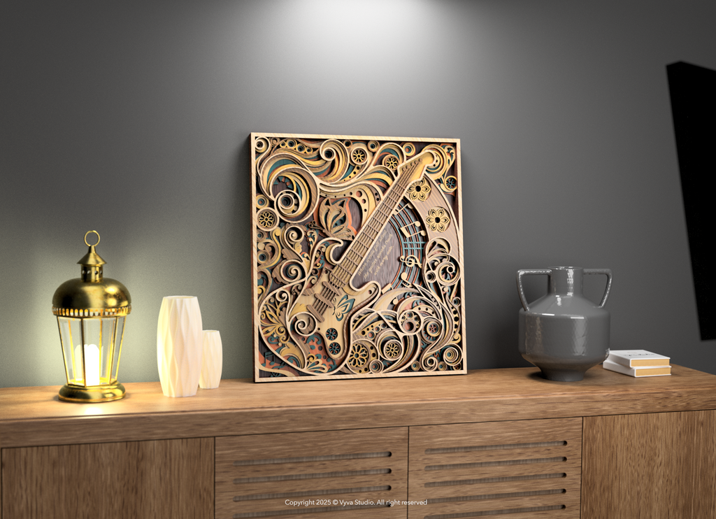 Flowing Muse – 3D Guitar Wall Art Laser Cut SVG, Musical Mandala Design, Intricate Layered File for Lasers & CNC Machines