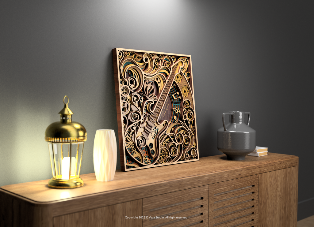 Flowing Muse – 3D Guitar Wall Art Laser Cut SVG, Musical Mandala Design, Intricate Layered File for Lasers & CNC Machines