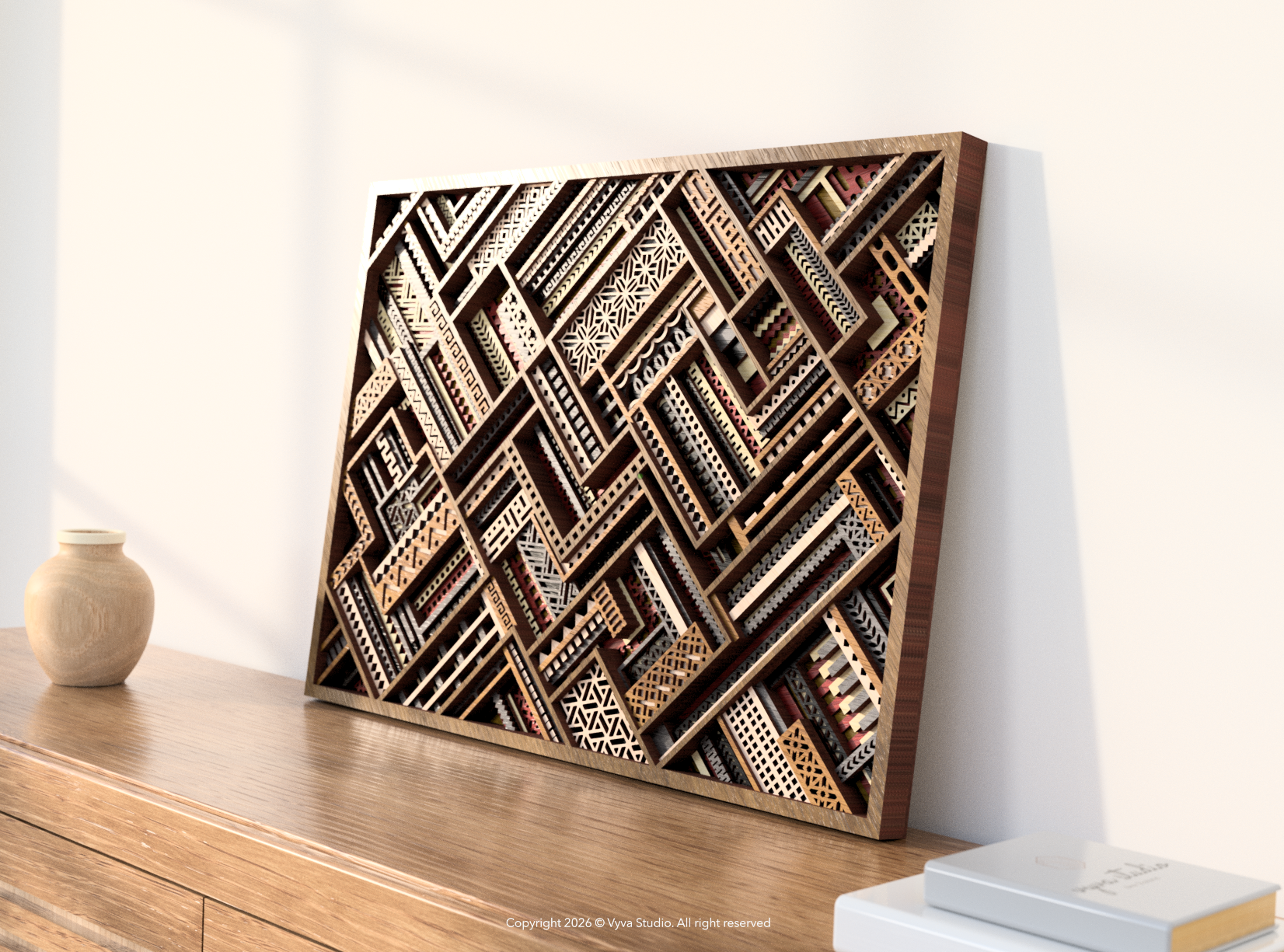 3D Geometric Tapestry Laser Cut File, Layered Tribal Wall Art, Intricate Mosaic Design